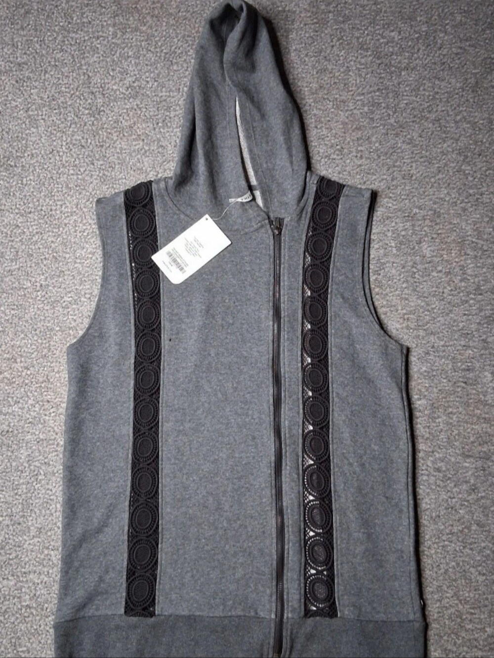 Fabletics Saige Sleeveless Hooded Vest Full Zip Gray Knit Lace Trim XL NWT